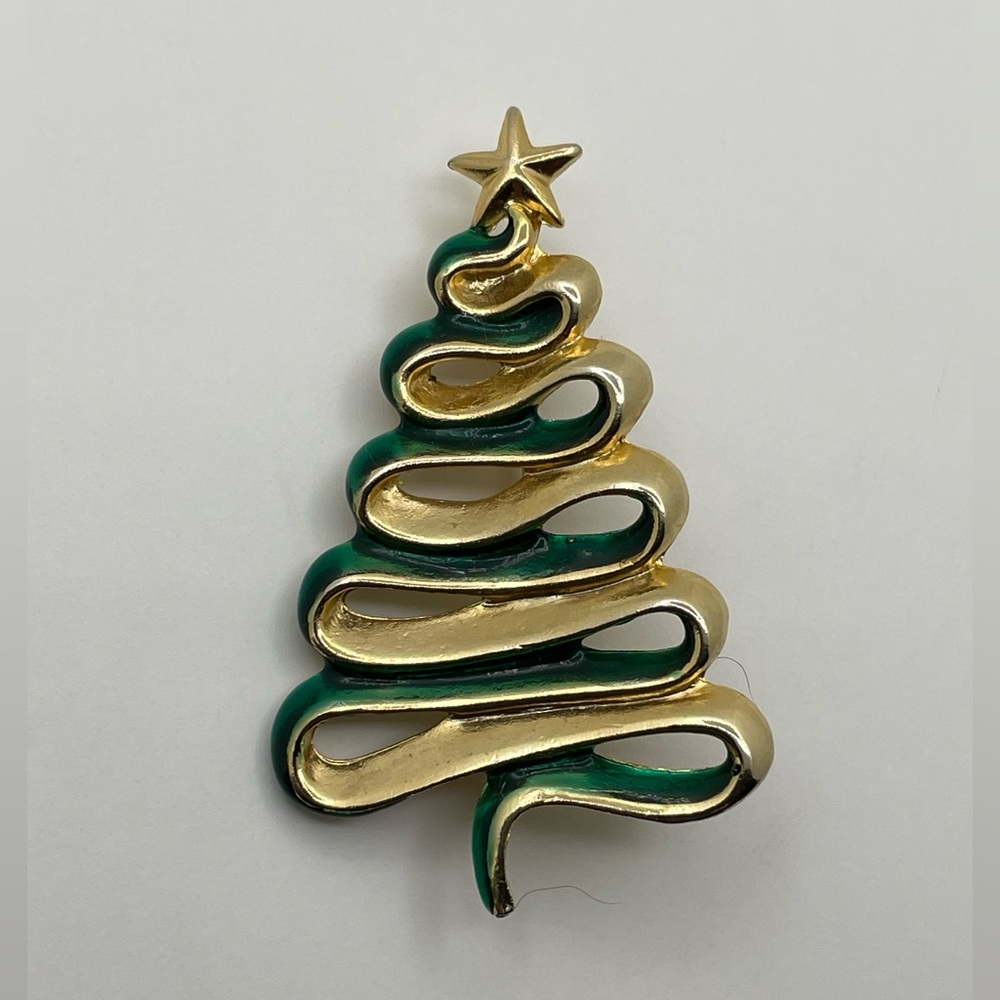 Danecraft Gold Christmas Conifer Tree Pin Broch, Green Enamel